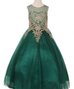 Cinderella Couture Flower Girl Dresses Girls Long Sleeveless Dress With Gold Lace Appliqued Bodice