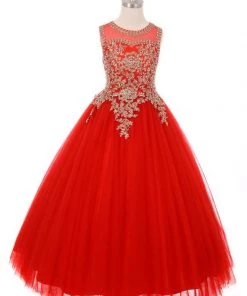 Cinderella Couture Flower Girl Dresses Girls Long Sleeveless Dress With Gold Lace Appliqued Bodice