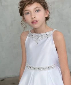 Calla Collection Girls Long Sleeveless Satin Dress With Beaded Top Flower Girl Dresses