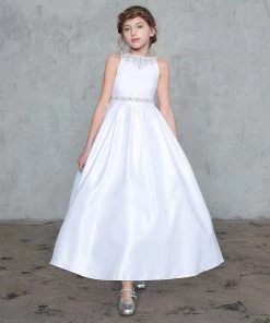 Calla Collection Girls Long Sleeveless Satin Dress With Beaded Top Flower Girl Dresses