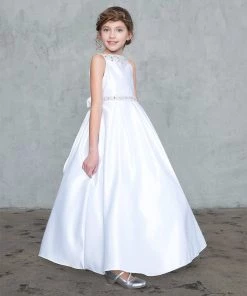 Calla Collection Girls Long Sleeveless Satin Dress With Beaded Top Flower Girl Dresses