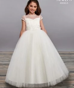 Mary's Bridal Angels Collection Girls Long Cap Sleeve Swiss Dot Dress By Mary's Bridal MB9064 Flower Girl Dresses