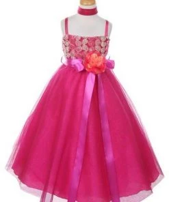 Cinderella Couture Kids Girls Long Two Tone Glitter Tulle Dress With Embroidered Top