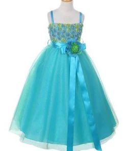 Cinderella Couture Kids Girls Long Two Tone Glitter Tulle Dress With Embroidered Top