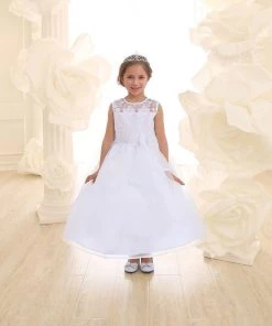 Calla Collection Flower Girl Dresses Girls Long White Lace Bodice Dress With Bow By Calla KD2461