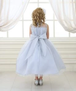 Calla Collection Flower Girl Dresses Girls Long White Lace Bodice Dress With Bow By Calla KD2461