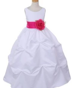 Cinderella Couture Flower Girl Dresses Girls Long White Pick-Up Dress With Fuchsia Floral Sash