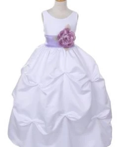 Cinderella Couture Girls Long White Pick-Up Dress With Lilac Floral Sash