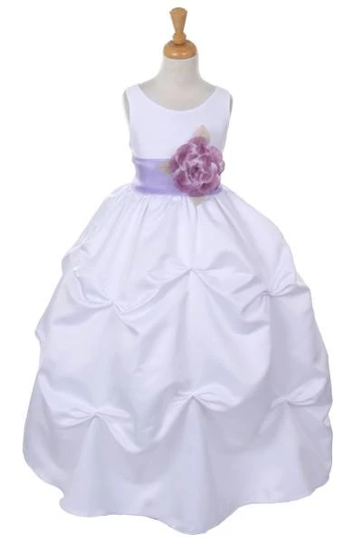 Cinderella Couture Girls Long White Pick-Up Dress With Lilac Floral Sash 3 Cinderella Couture Girls Long White Pick-Up Dress With Lilac Floral Sash