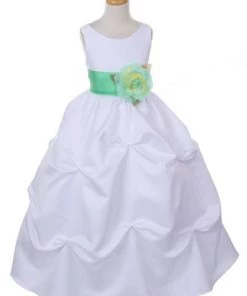 Cinderella Couture Flower Girl Dresses Girls Long White Pick-Up Dress With Mint Floral Sash