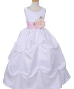 Cinderella Couture Girls Long White Pick-Up Dress With Pink Floral Sash