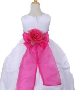 Cinderella Couture Girls Long White Pick-Up Dress With Pink Floral Sash