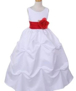 Cinderella Couture Girls Long White Pick-Up Dress With Red Floral Sash