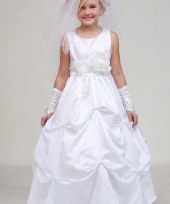 Cinderella Couture Girls Long White Pick-Up Dress With Red Floral Sash