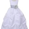 Cinderella Couture Girls Long White Pick-Up Dress With Silver Floral Sash