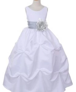 Cinderella Couture Girls Long White Pick-Up Dress With Silver Floral Sash