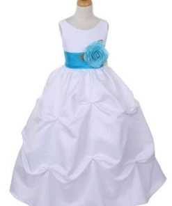 Cinderella Couture Flower Girl Dresses Girls Long White Pick-Up Dress With Turquoise Floral Sash