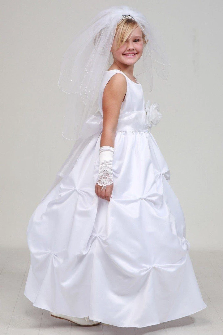 Cinderella Couture Girls Long White Pick-Up Dress With White Floral Sash 8 Cinderella Couture Girls Long White Pick-Up Dress With White Floral Sash