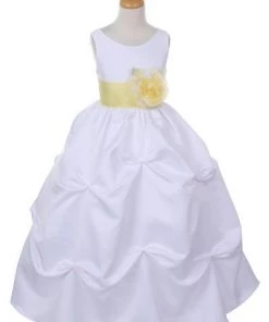 Cinderella Couture Girls Long White Pick-Up Dress With Yellow Floral Sash