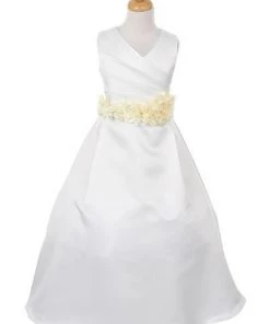 Cinderella Couture Girls Long White Satin V-Neck Dress With Floral Petal Sash Flower Girl Dresses