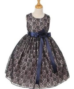 Cinderella Couture Flower Girl Dresses Girls Navy Blue Raschel Lace Tea Length Dress With Sash