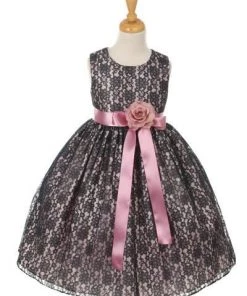 Cinderella Couture Flower Girl Dresses Girls Navy Blue Raschel Lace Tea Length Dress With Sash