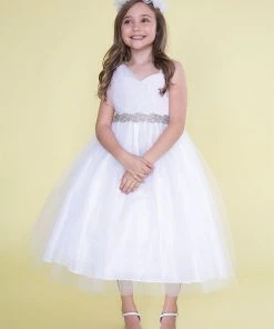 Calla Collection Flower Girl Dresses Girls One Shoulder Tulle Dress With Beaded Embellishments