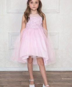 Calla Collection Flower Girl Dresses Girls Organza High Low Dress With Lace Appliqued Bodice