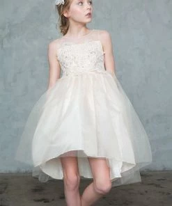 Calla Collection Flower Girl Dresses Girls Organza High Low Dress With Lace Appliqued Bodice