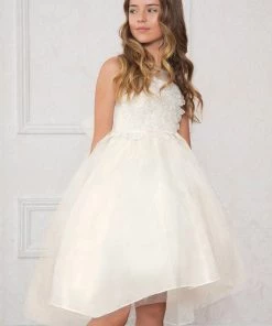 Calla Collection Flower Girl Dresses Girls Organza High Low Dress With Lace Appliqued Bodice