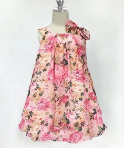 Calla Collection Girls Peach/Pink Short Chiffon Floral Print Dress By Calla C621