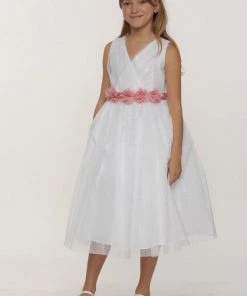 Cinderella Couture Girls Pleated Ivory Tea Length Tulle Dress With Flower Sash
