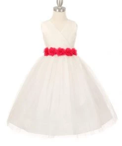 Cinderella Couture Girls Pleated Ivory Tea Length Tulle Dress With Flower Sash