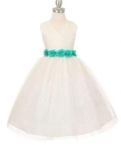 Cinderella Couture Girls Pleated Ivory Tea Length Tulle Dress With Flower Sash