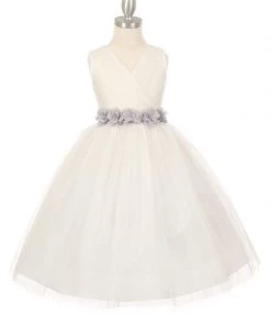 Cinderella Couture Girls Pleated Ivory Tea Length Tulle Dress With Flower Sash