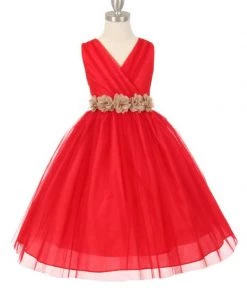 Cinderella Couture Flower Girl Dresses Girls Pleated Red Tea Length Tulle Dress With Flower Sash