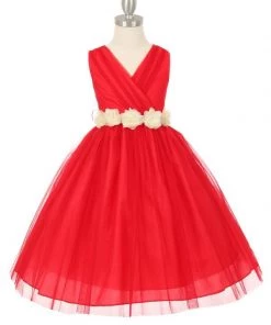 Cinderella Couture Flower Girl Dresses Girls Pleated Red Tea Length Tulle Dress With Flower Sash