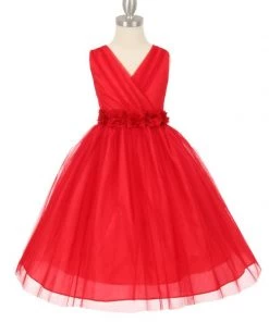 Cinderella Couture Flower Girl Dresses Girls Pleated Red Tea Length Tulle Dress With Flower Sash