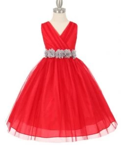 Cinderella Couture Flower Girl Dresses Girls Pleated Red Tea Length Tulle Dress With Flower Sash