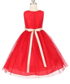 Cinderella Couture Flower Girl Dresses Girls Pleated Red Tea Length Tulle Dress With Flower Sash