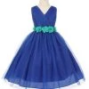 Cinderella Couture Girls Pleated Royal Blue Tea Length Tulle Dress With Flower Sash