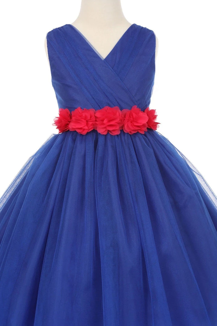 Cinderella Couture Girls Pleated Royal Blue Tea Length Tulle Dress With Flower Sash 4 Cinderella Couture Girls Pleated Royal Blue Tea Length Tulle Dress With Flower Sash