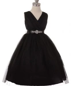 Cinderella Couture Girls Pleated Tea Length Tulle Dress With Beaded Sash