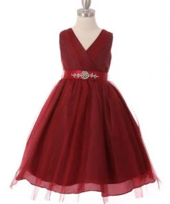 Cinderella Couture Girls Pleated Tea Length Tulle Dress With Beaded Sash