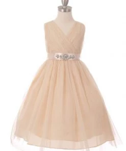 Cinderella Couture Girls Pleated Tea Length Tulle Dress With Beaded Sash