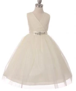 Cinderella Couture Girls Pleated Tea Length Tulle Dress With Beaded Sash