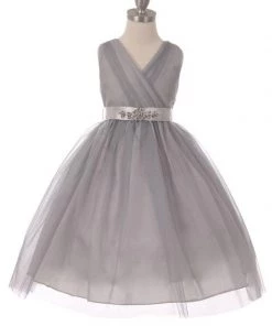 Cinderella Couture Girls Pleated Tea Length Tulle Dress With Beaded Sash