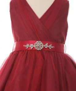 Cinderella Couture Girls Pleated Tea Length Tulle Dress With Beaded Sash