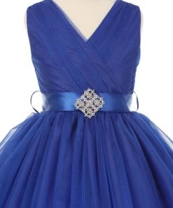 Cinderella Couture Girls Pleated Tea Length Tulle Dress With Rhinestone Brooch Sash