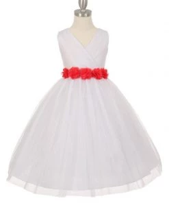 Cinderella Couture Girls Pleated White Tea Length Tulle Dress With Flower Sash Flower Girl Dresses
